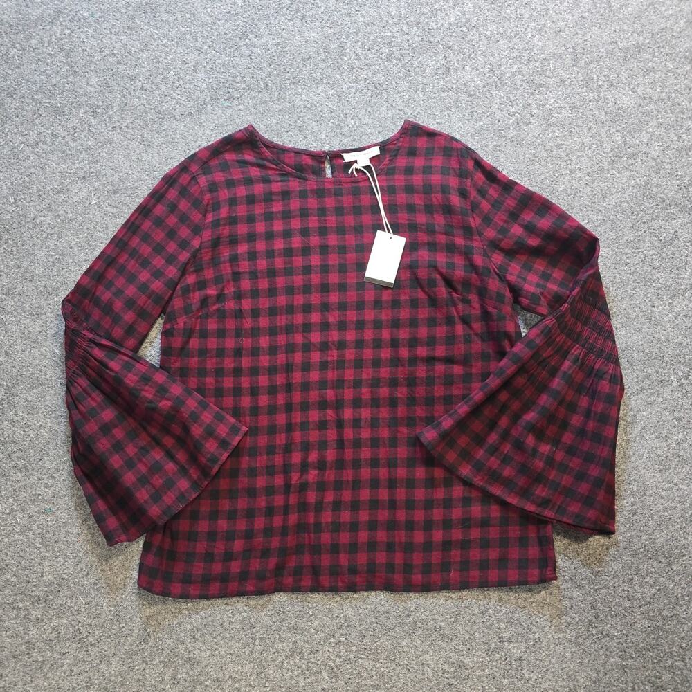 Beach Lunch Lounge Top Womens Size Large Red Black Plaid Flare Sleeve Casual